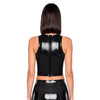 Racer Tank in black latex worn with a black latex mini skirt, back view