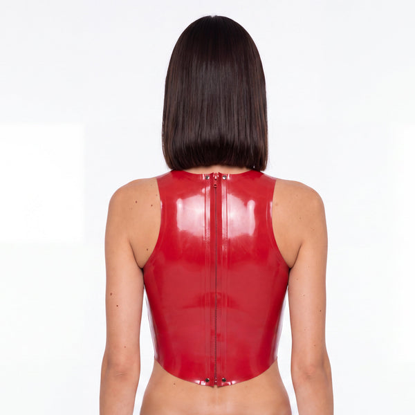 Racer Tank in red latex, back view showing the full-length zip