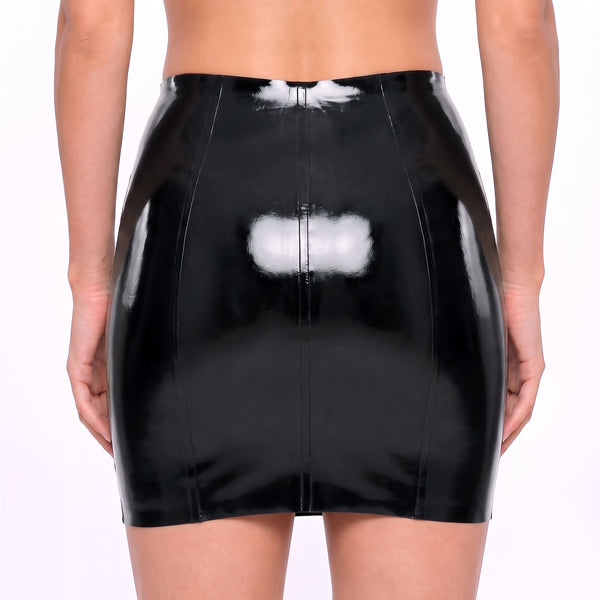 Fenn Latex Mini Skirt in black, back view showing the panelled seams