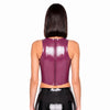 Racer Tank in burgundy latex worn with a black latex mini skirt, back view