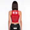 Racer Tank in red latex worn with a black latex mini skirt, back view