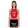 Racer Tank in red latex worn with a black latex mini skirt, front view