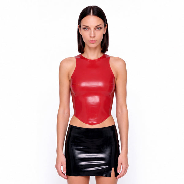Racer Tank in red latex worn with a black latex mini skirt, front view